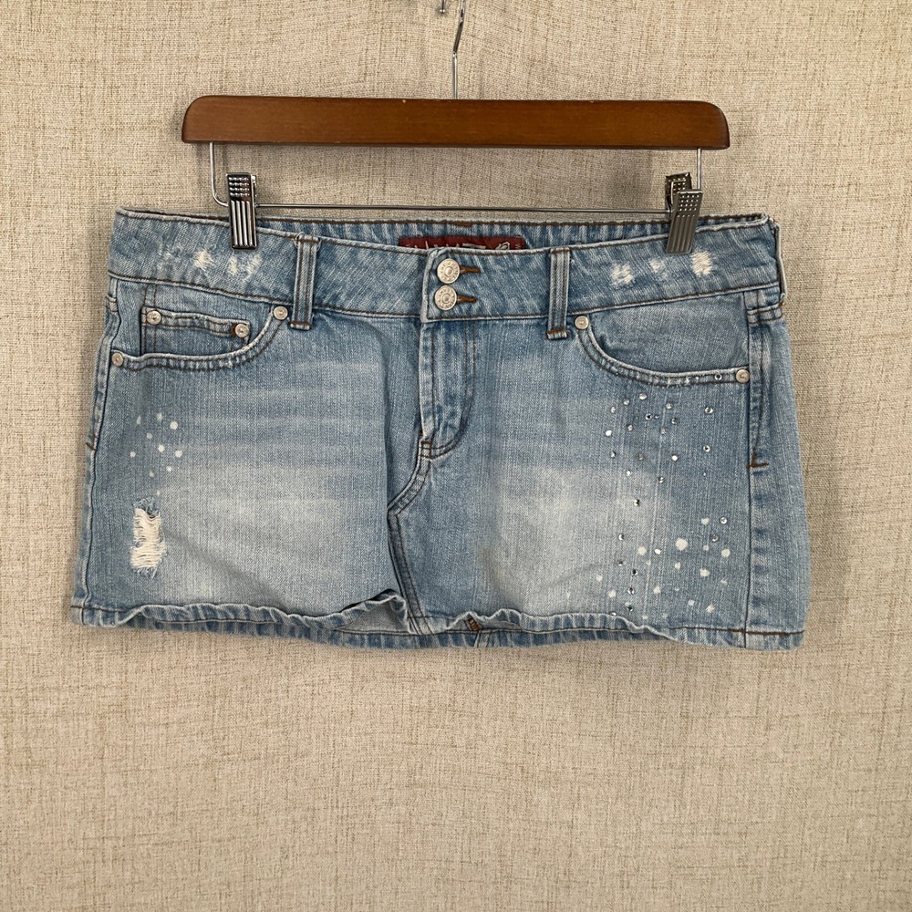 Hint Jeans Denim Micro Mini Skirt Womens 13 Blue Y2K Distressed Rhinestone Boho